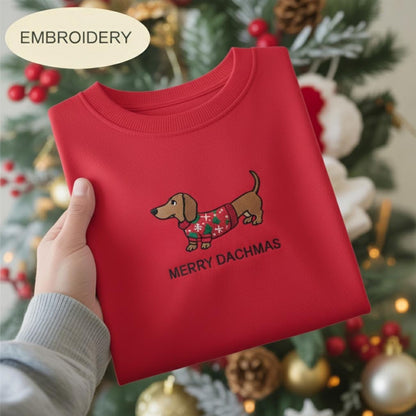 Embroidered Dachshund Christmas Sweatshirt, Comfort Colors Merry Dachmas Shirt, Holiday Dachshund Mom Dog Lover Sweater Doxie Xmas Crewneck