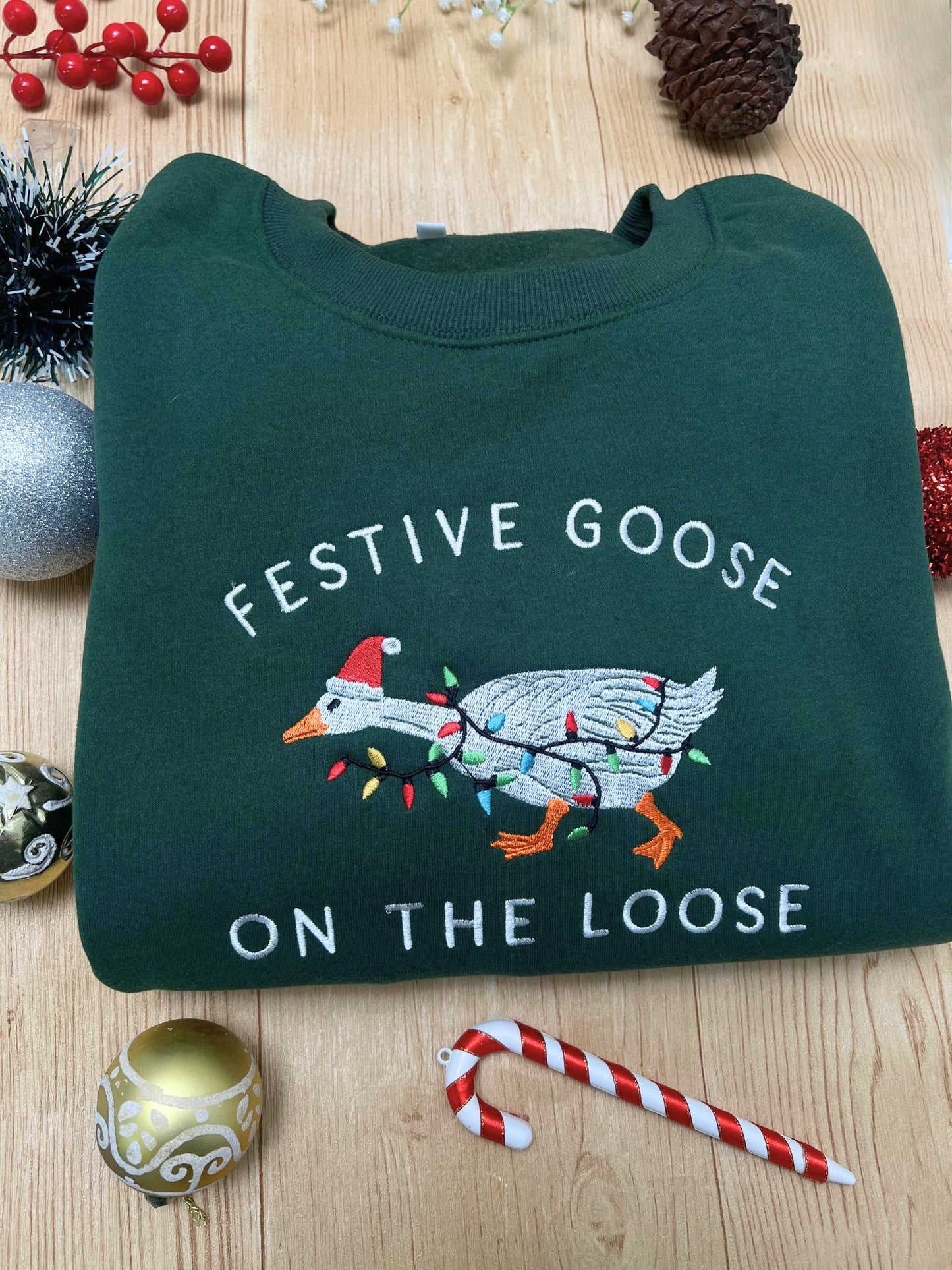 Festive Goose On The Loose Sweatshirt, Funny Christmas Goose Shirt, Embroidered Holiday Crewneck, Ugly Sweater Party Top