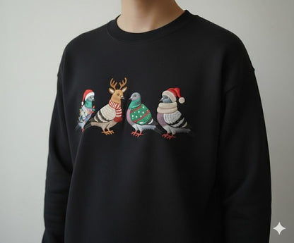 Christmas Pigeon Embroidered Shirt Funny Bird Christmas Ugly Xmas Sweater Style Top | Animal Lover Holiday Gift Winter Crewneck for Her
