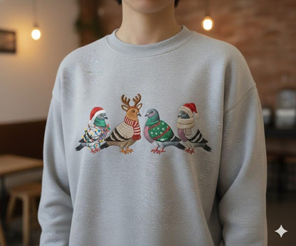 Christmas Pigeon Embroidered Shirt Funny Bird Christmas Ugly Xmas Sweater Style Top | Animal Lover Holiday Gift Winter Crewneck for Her