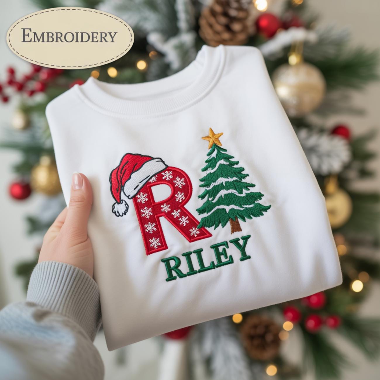 Embroidered Family Christmas Name Sweatshirt, Personalized Santa Hat Monogram Sweater, Custom Christmas Sweatshirt, Family Christmas Hoodie