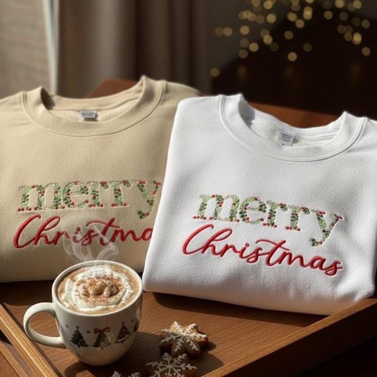 Custom Embroidered Merry Christmas Sweatshirt | Floral Holiday Crewneck | Cute Xmas Embroidery Sweater | Festive Winter Pullover