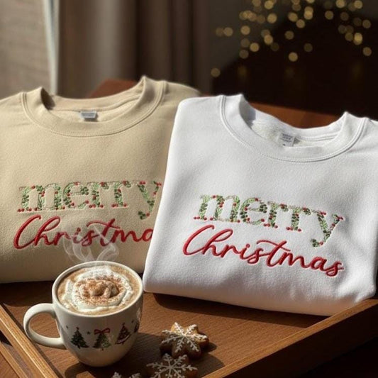 Custom Embroidered Merry Christmas Sweatshirt | Floral Holiday Crewneck | Cute Xmas Embroidery Sweater | Festive Winter Pullover