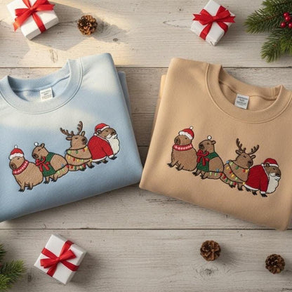 Capybara Merry Christmas Embroidered Sweatshirt | Cute Capybara Santa Crewneck | Holiday Lights Sweater for Women | Xmas Gift