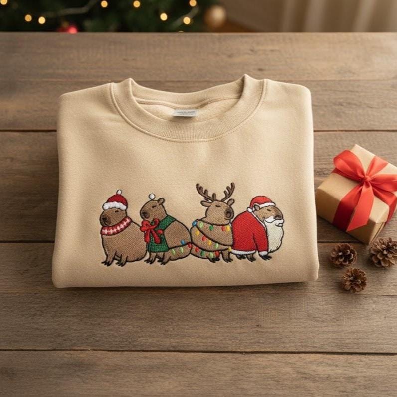 Capybara Merry Christmas Embroidered Sweatshirt | Cute Capybara Santa Crewneck | Holiday Lights Sweater for Women | Xmas Gift