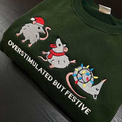 Embroidered Overstimulated But Festive Possum Christmas Shirt | Funny Holiday Embroidery Tee | Meme Possum Gift | Xmas Shirt
