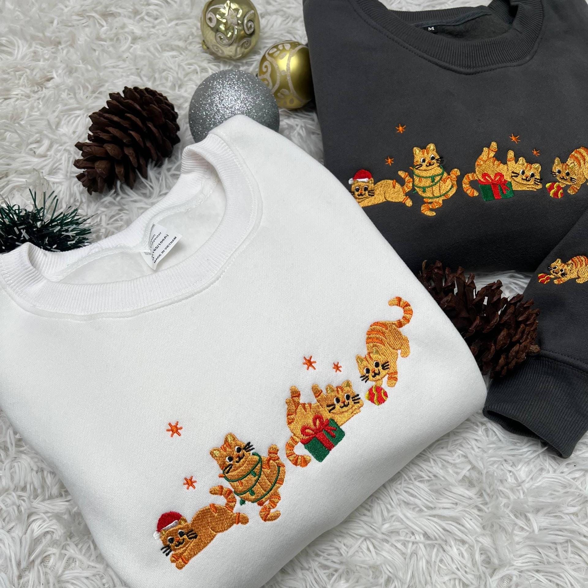 Orange Cat Embroidered Christmas Sweatshirt | Funny Holiday Hoodie | Cute Cozy Cat Lover Embroidered Christmas Sweater