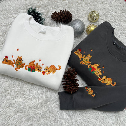 Orange Cat Embroidered Christmas Sweatshirt | Funny Holiday Hoodie | Cute Cozy Cat Lover Embroidered Christmas Sweater