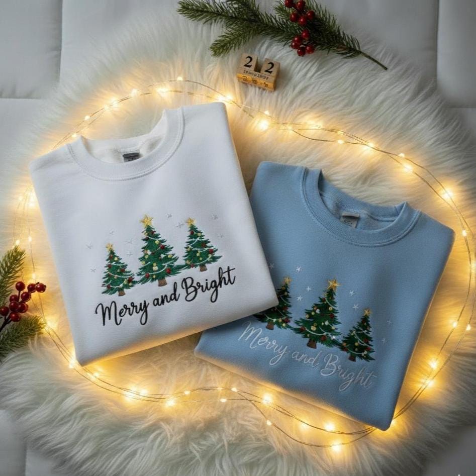 Embroidered Merry and Bright Sweatshirt | Coquette Christmas Bow Crewneck | Pine Tree Holiday Gift