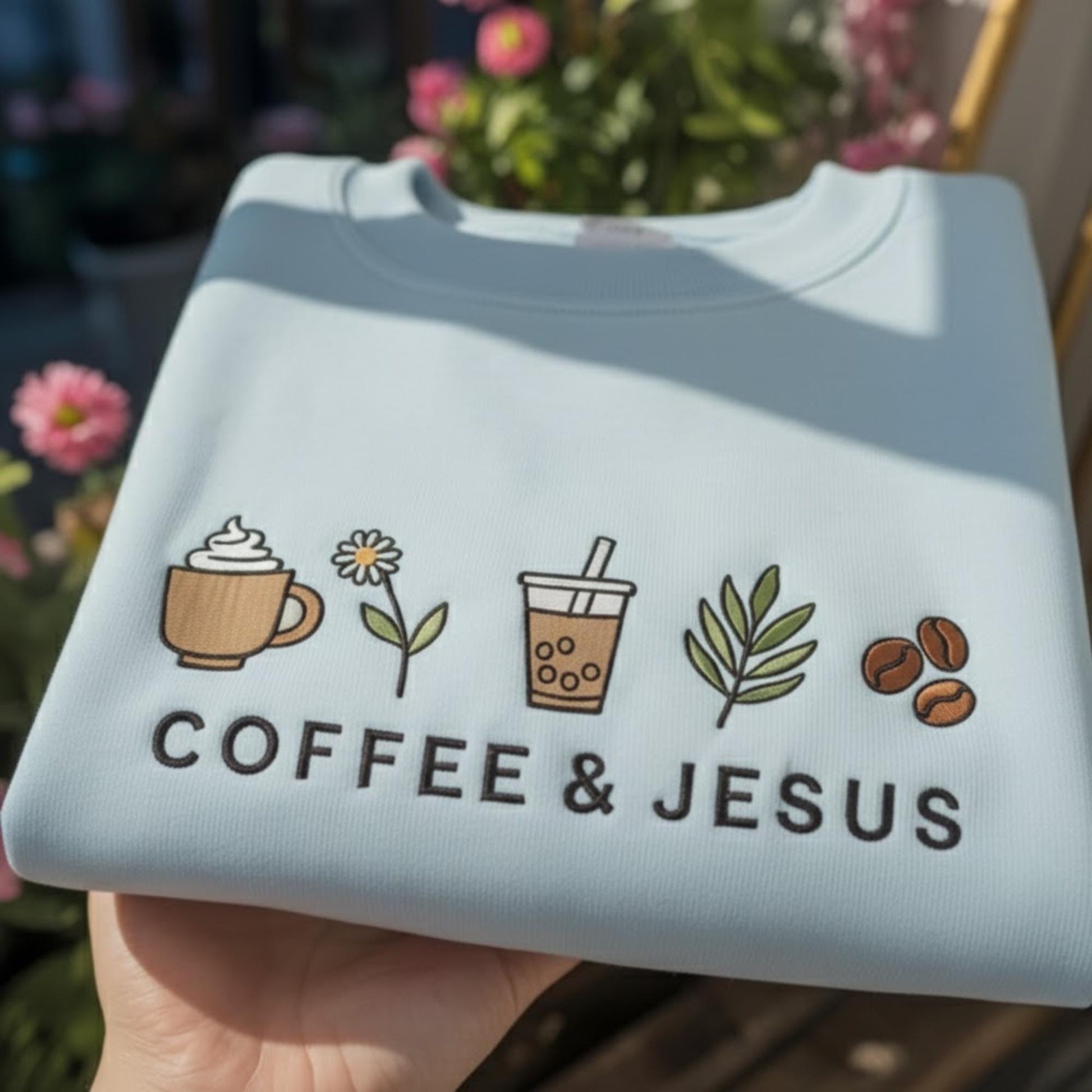 Coffee and Jesus Embroidered Sweatshirt, Christian Coffee Lover Gift, Cute Embroidered Crewneck, Faith and Caffeine Sweatshirt