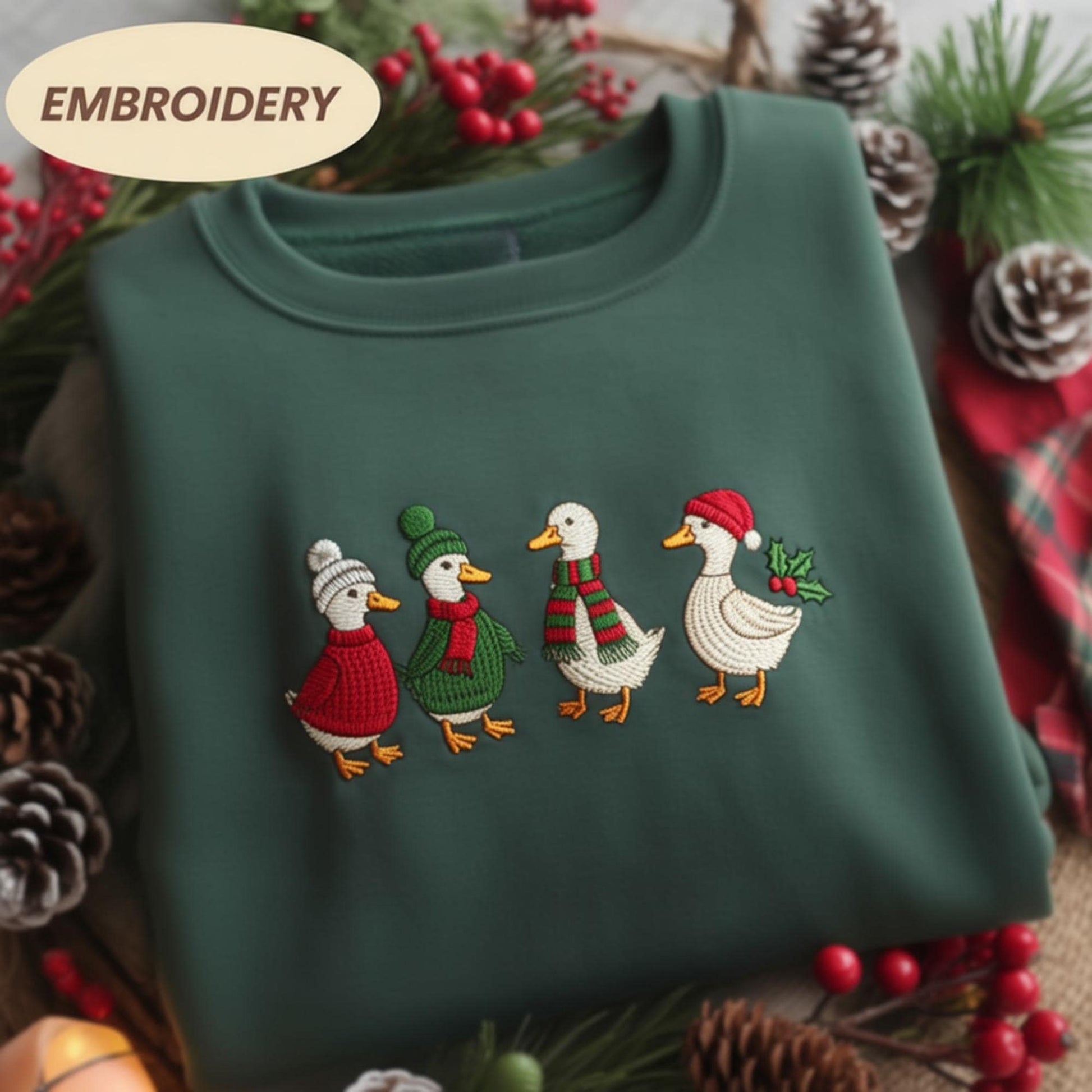Embroidered Christmas Goose Sweatshirt, Funny Goose Santa Lights Sweater,  Cute Xmas Duck Shirt, Silly Goose Christmas Sweater, Merry Xmas