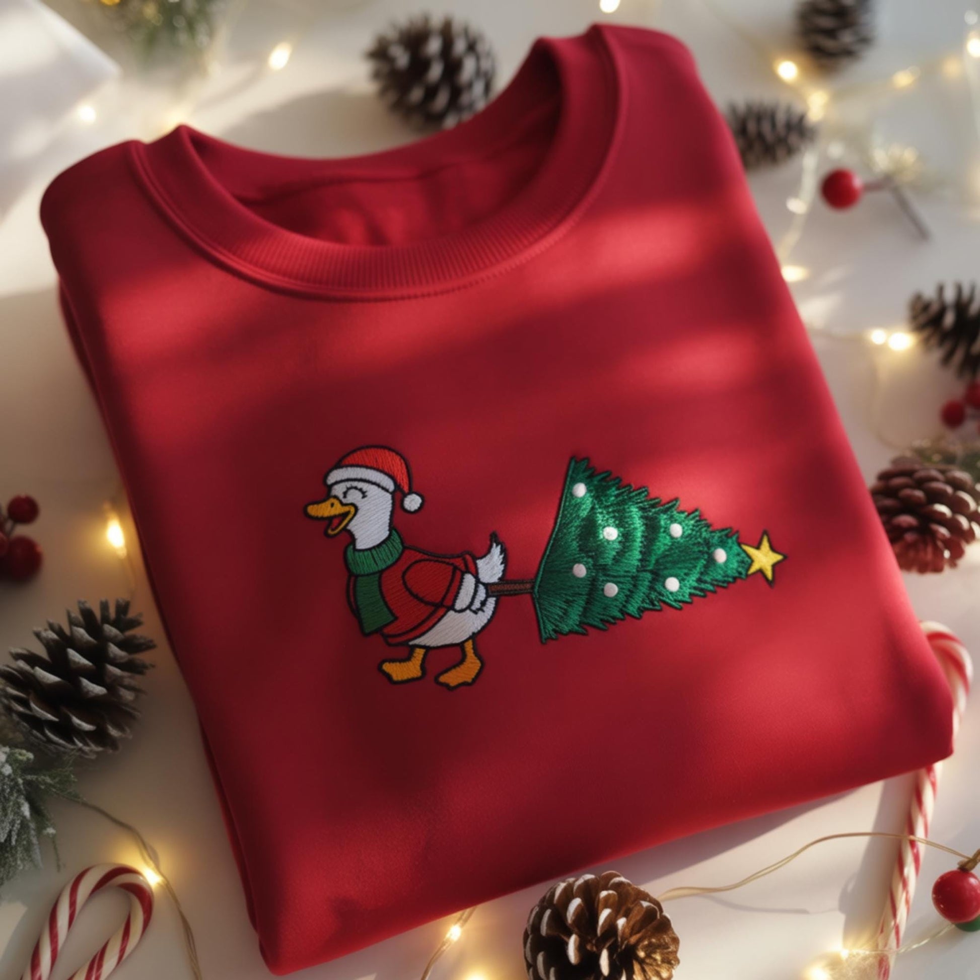 Christmas Goose Embroidered Shirt, Funny Holiday Santa Lights Sweater, Festive Jolly Goose Pullover Merry Christmas Crewneck, Christmas Tree
