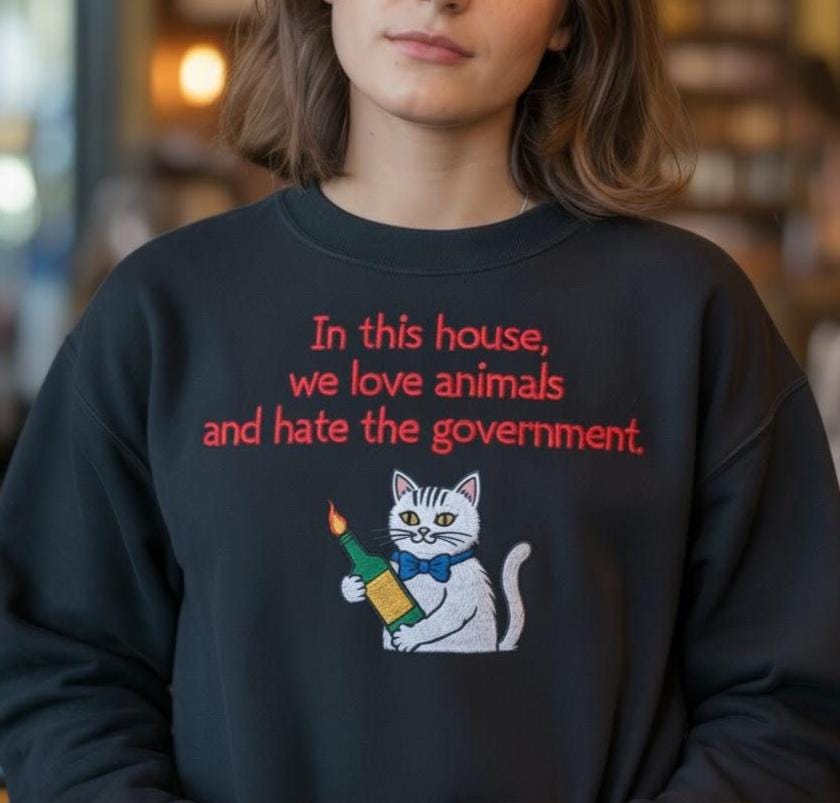 Anarchy Cat Embroidered Shirt | Cute Funny Cat Tee | Love Animals Graphic Top | Handmade Embroidery Gift