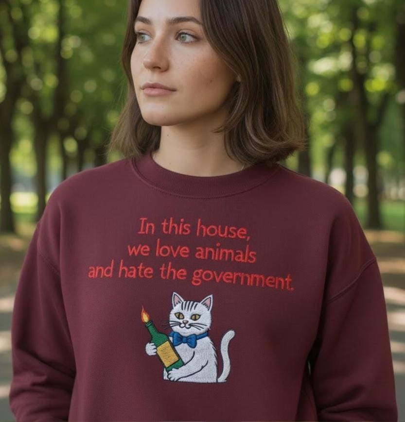 Anarchy Cat Embroidered Shirt | Cute Funny Cat Tee | Love Animals Graphic Top | Handmade Embroidery Gift