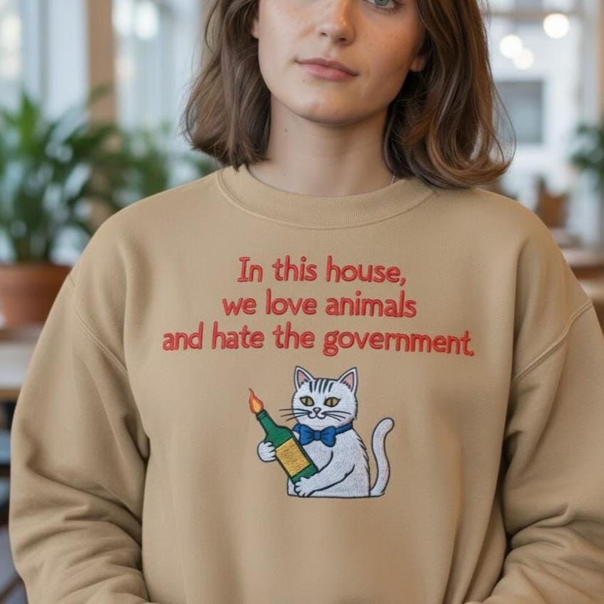 Anarchy Cat Embroidered Shirt | Cute Funny Cat Tee | Love Animals Graphic Top | Handmade Embroidery Gift