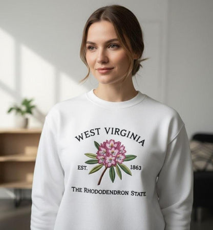 Embroidered West Virginia Rhododendron Sweatshirt – State Flower Embroidery Shirt, Custom West Virginia 1863 Crewneck Gift