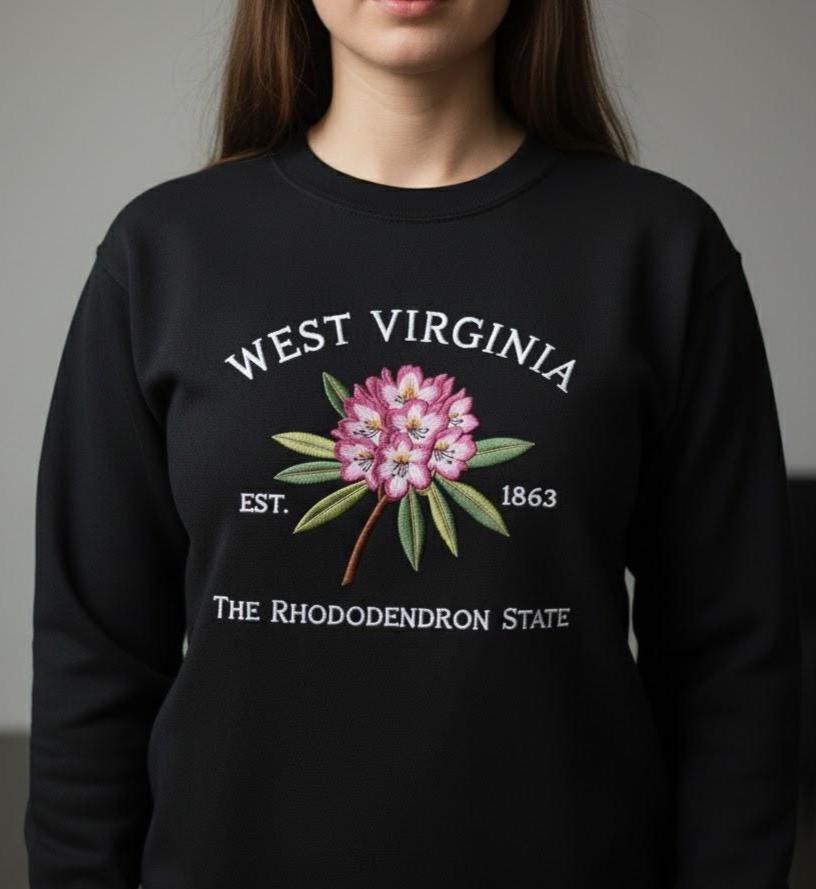 Embroidered West Virginia Rhododendron Sweatshirt – State Flower Embroidery Shirt, Custom West Virginia 1863 Crewneck Gift