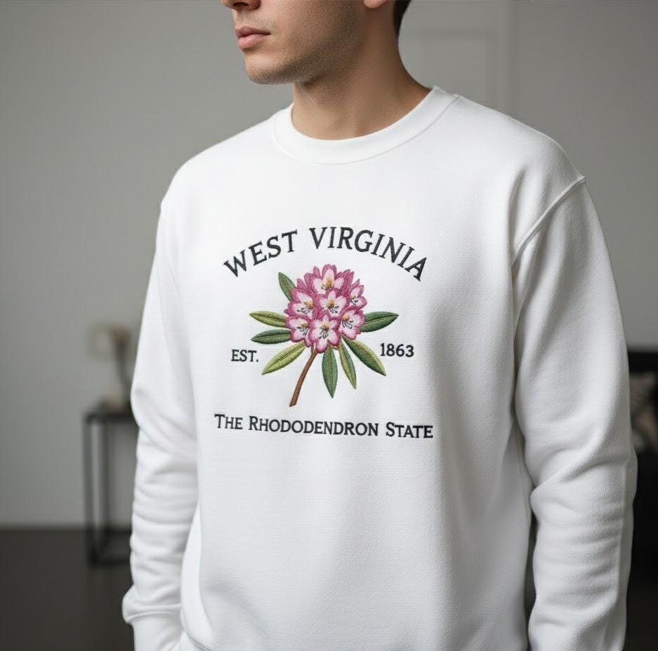 Embroidered West Virginia Rhododendron Sweatshirt – State Flower Embroidery Shirt, Custom West Virginia 1863 Crewneck Gift