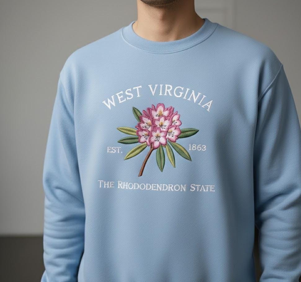 Embroidered West Virginia Rhododendron Sweatshirt – State Flower Embroidery Shirt, Custom West Virginia 1863 Crewneck Gift