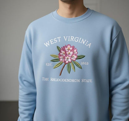 Embroidered West Virginia Rhododendron Sweatshirt – State Flower Embroidery Shirt, Custom West Virginia 1863 Crewneck Gift
