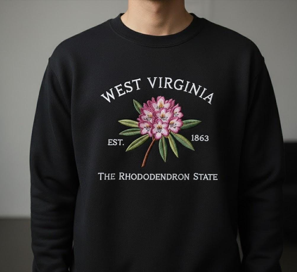 Embroidered West Virginia Rhododendron Sweatshirt – State Flower Embroidery Shirt, Custom West Virginia 1863 Crewneck Gift