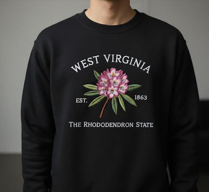 Embroidered West Virginia Rhododendron Sweatshirt – State Flower Embroidery Shirt, Custom West Virginia 1863 Crewneck Gift