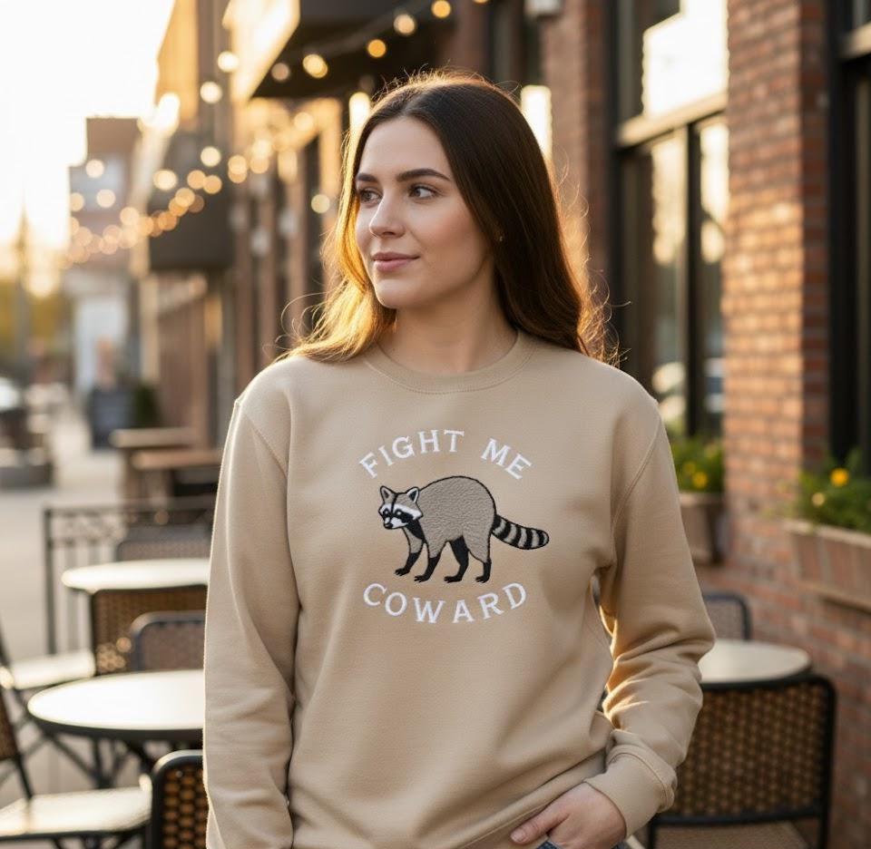 Fight Me Coward Raccoon Embroidered Sweatshirt – Funny Animal Embroidery Shirt, Cute Raccoon Meme Gift, Sarcastic Crewneck