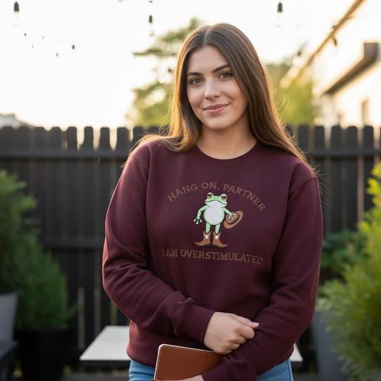 Cowboy Frog Embroidered Sweatshirt – Overstimulated Frog Shirt, Funny Gen Z Aesthetic Crewneck, Trendy Cowboy Embroidery Gift