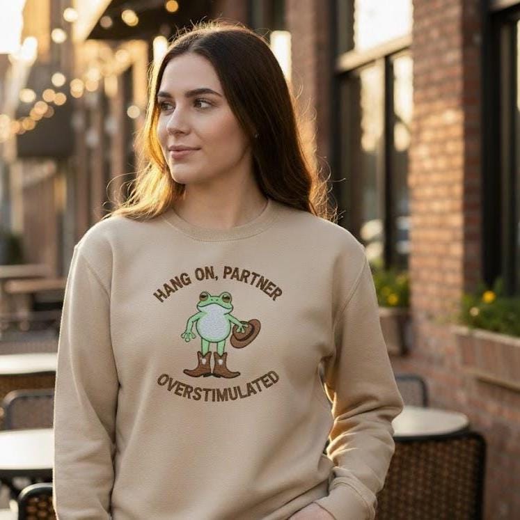 Cowboy Frog Embroidered Sweatshirt – Overstimulated Frog Shirt, Funny Gen Z Aesthetic Crewneck, Trendy Cowboy Embroidery Gift