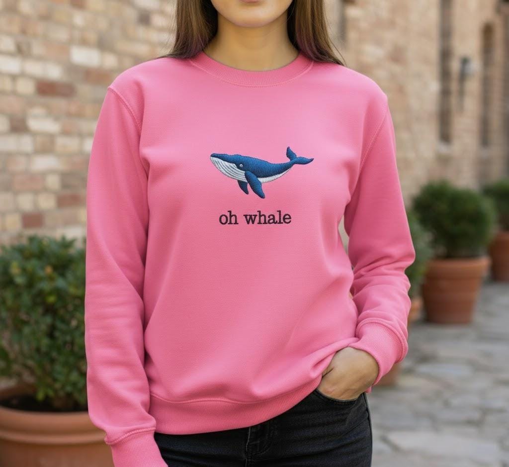 Oh Whale Embroidered Tee – Cute Funny Summer Shirt, Ocean Lover Gift, Beach Aesthetic Embroidery T-Shirt for Coastal Vibes
