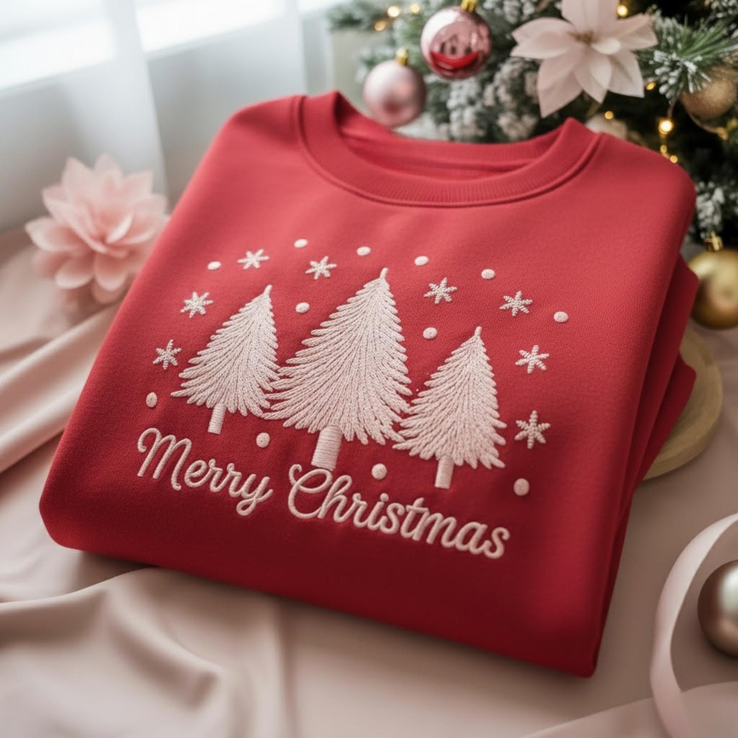 Embroidered Merry Christmas Sweatshirt, Embroidered Christmas Coquette Crewneck Sweatshirt, Embroidered Xmas Tree Sweater, Ugly Sweater