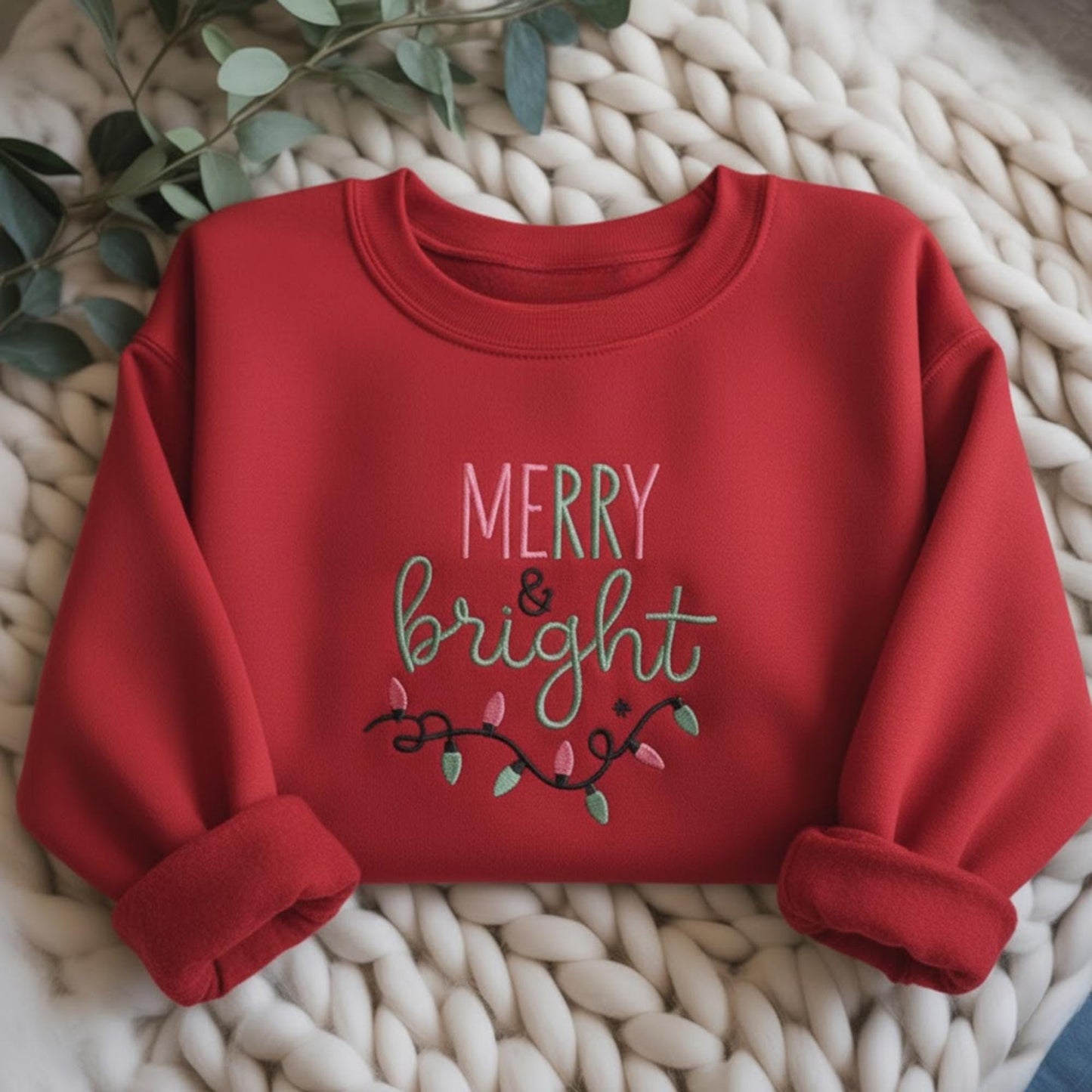 Embroidered Merry & Bright Christmas Lights Sweatshirt, Cute Holiday Crewneck, Cozy Festive Hoodie, Winter Aesthetic Xmas Gift for Her
