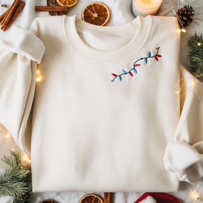 Embroidered Christmas Lights Neckline Sweatshirt, Festive Holiday Crewneck, Cute Collar Embroidery Sweater, Cozy Xmas Pullover Gift