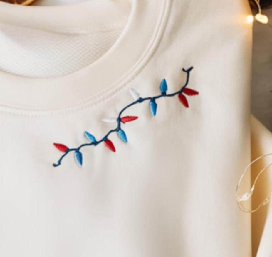 Embroidered Christmas Lights Neckline Sweatshirt, Festive Holiday Crewneck, Cute Collar Embroidery Sweater, Cozy Xmas Pullover Gift