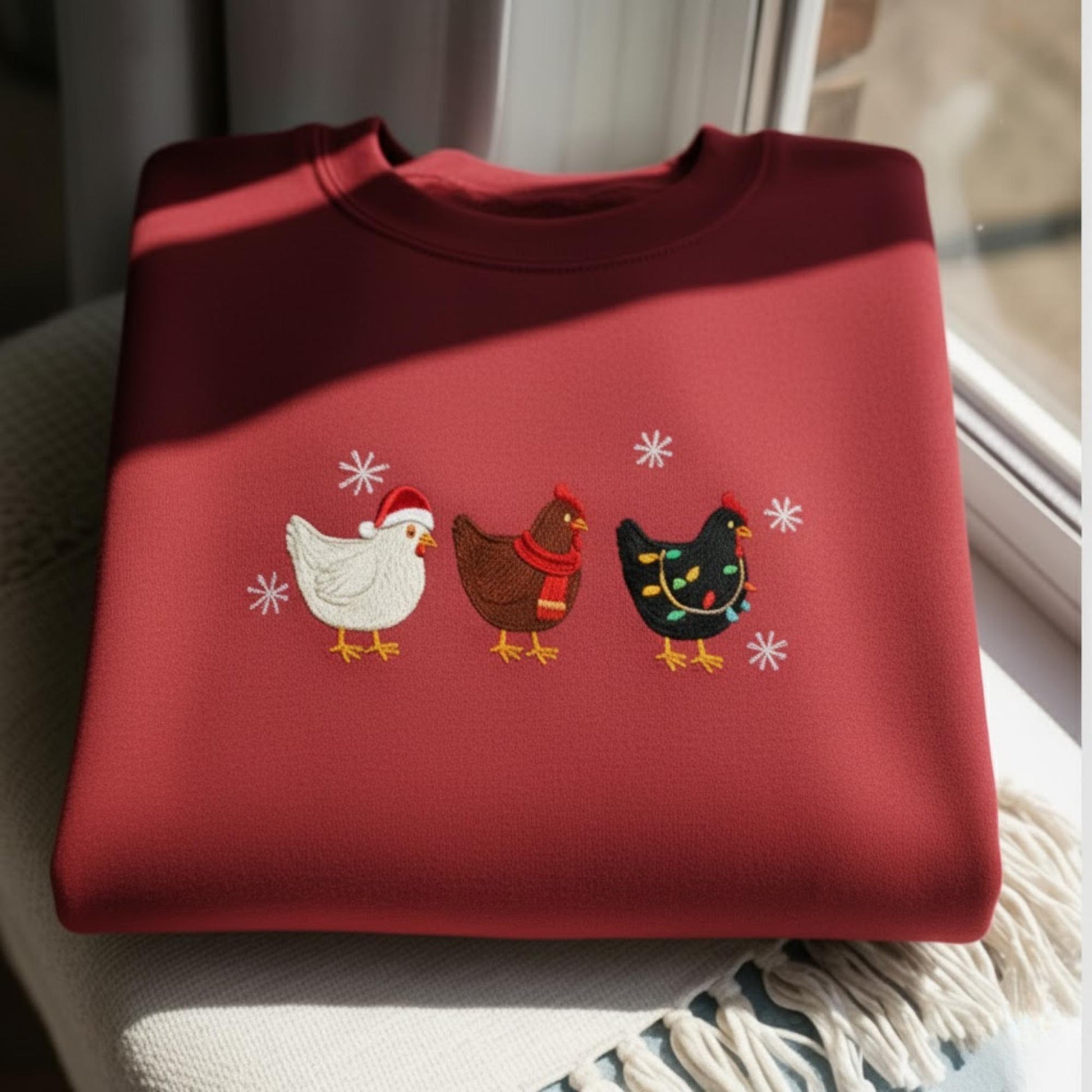 Cute Christmas Chickens Embroidered Sweatshirt, Farm Animal Holiday Crewneck, Funny Chicken Xmas Sweater, Cozy Winter Gift for Her