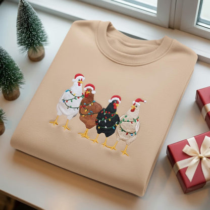 Embroidered Christmas Chickens Sweatshirt, Funny Chicken Christmas Shirt, Holiday Farm Sweatshirt, Farm Lover Xmas Gift