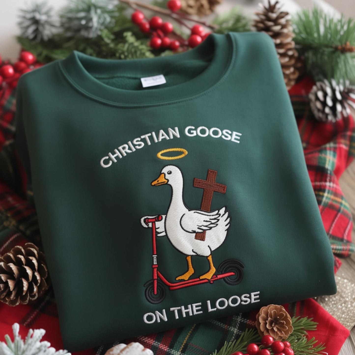 Christian Goose On The Loose Embroidered Sweatshirt, Funny Goose Sweatshirt, Scooter Goose Christmas Sweatshirt, Religious Humor Gift