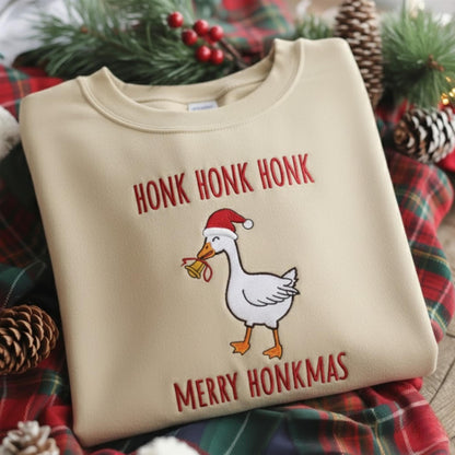 Honk Honk Honk Merry Honkmas Embroidered Sweatshirt, Funny Christmas Goose Sweatshirt, Silly Goose Xmas Crewneck, Holiday Humor Gift