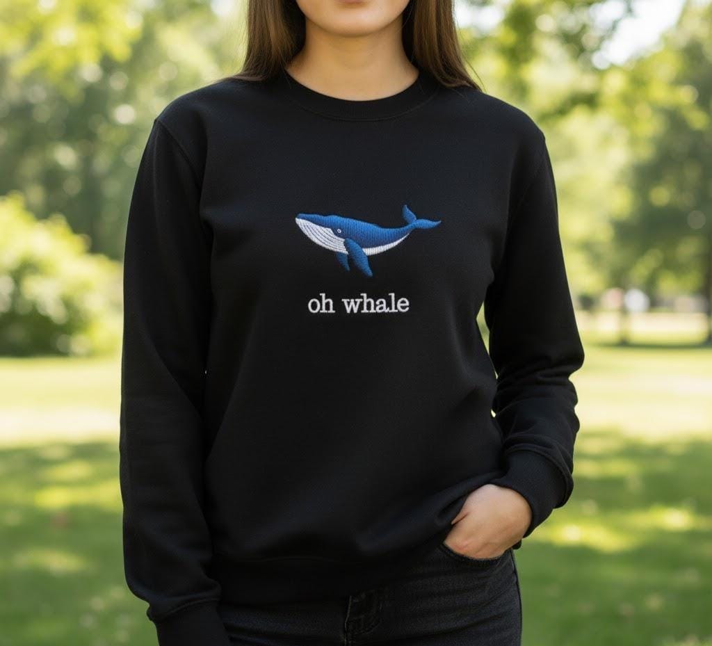 Oh Whale Embroidered Tee – Cute Funny Summer Shirt, Ocean Lover Gift, Beach Aesthetic Embroidery T-Shirt for Coastal Vibes