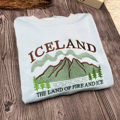 Iceland Embroidered Sweatshirt, Land of Fire and Ice Crewneck, Nordic Travel Sweater, Adventure Gift, Cozy Winter Travel Shirt