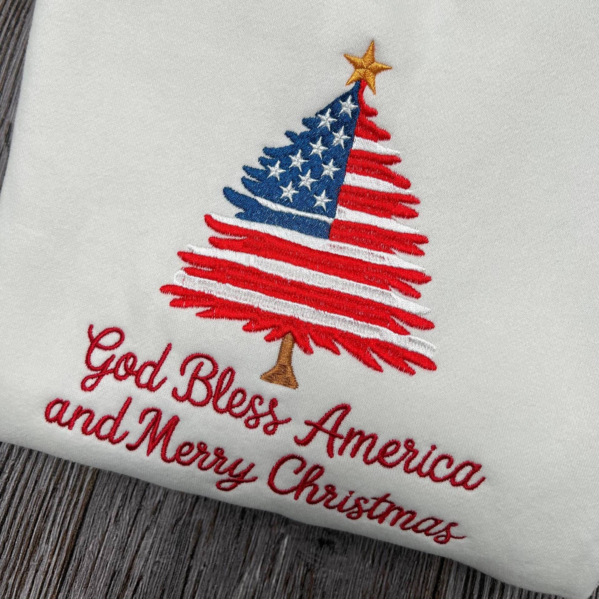 Patriotic Christmas Tree Embroidered Shirt, USA Flag Holiday Embroidery Tee, Festive New Year Embroidered Top, Christmas Embroidery Gift
