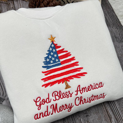 Patriotic Christmas Tree Embroidered Shirt, USA Flag Holiday Embroidery Tee, Festive New Year Embroidered Top, Christmas Embroidery Gift