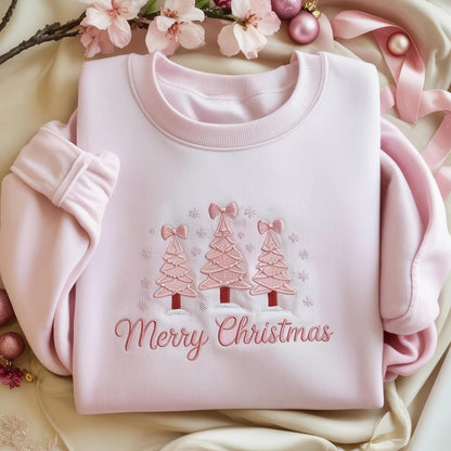 Pink Merry Christmas Sweatshirt Embroidered | Cute Pastel Christmas Tree Sweater | Cozy Holiday Gift for Her | Soft Pink Winter Crewneck