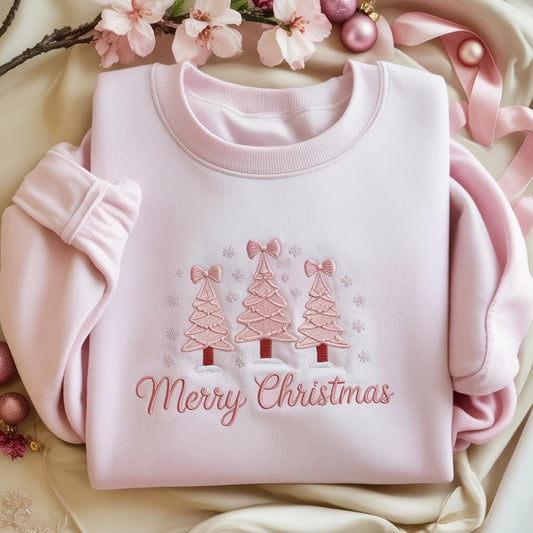 Pink Merry Christmas Sweatshirt Embroidered | Cute Pastel Christmas Tree Sweater | Cozy Holiday Gift for Her | Soft Pink Winter Crewneck