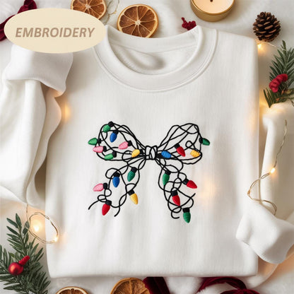 Embroidered Tangled Christmas Lights Bow Sweatshirt, Funny Holiday Crewneck, Messy Xmas Gift, Winter Tee, Light String Sweater