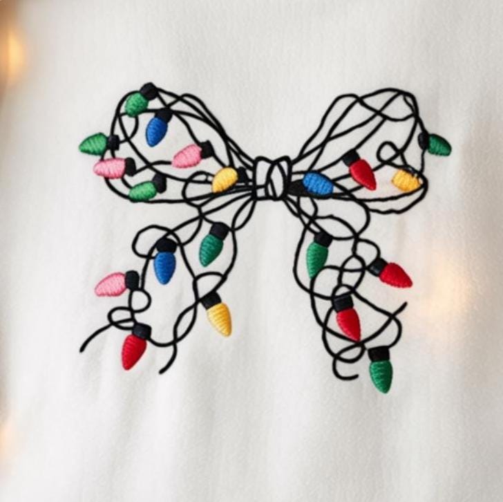 Embroidered Tangled Christmas Lights Bow Sweatshirt, Funny Holiday Crewneck, Messy Xmas Gift, Winter Tee, Light String Sweater
