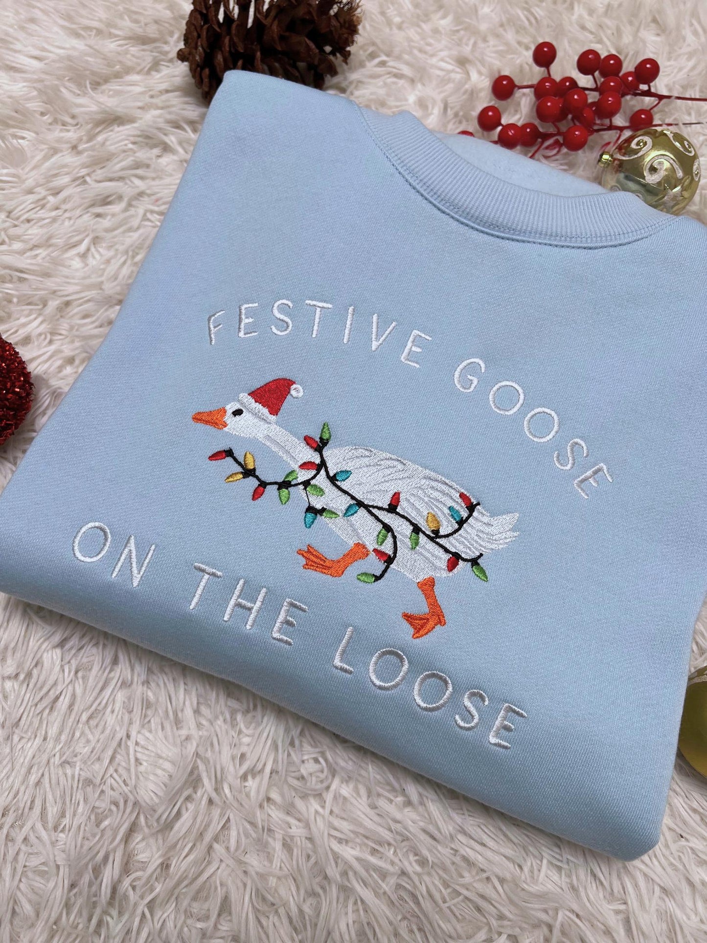 Festive Goose On The Loose Sweatshirt, Funny Christmas Goose Shirt, Embroidered Holiday Crewneck, Ugly Sweater Party Top