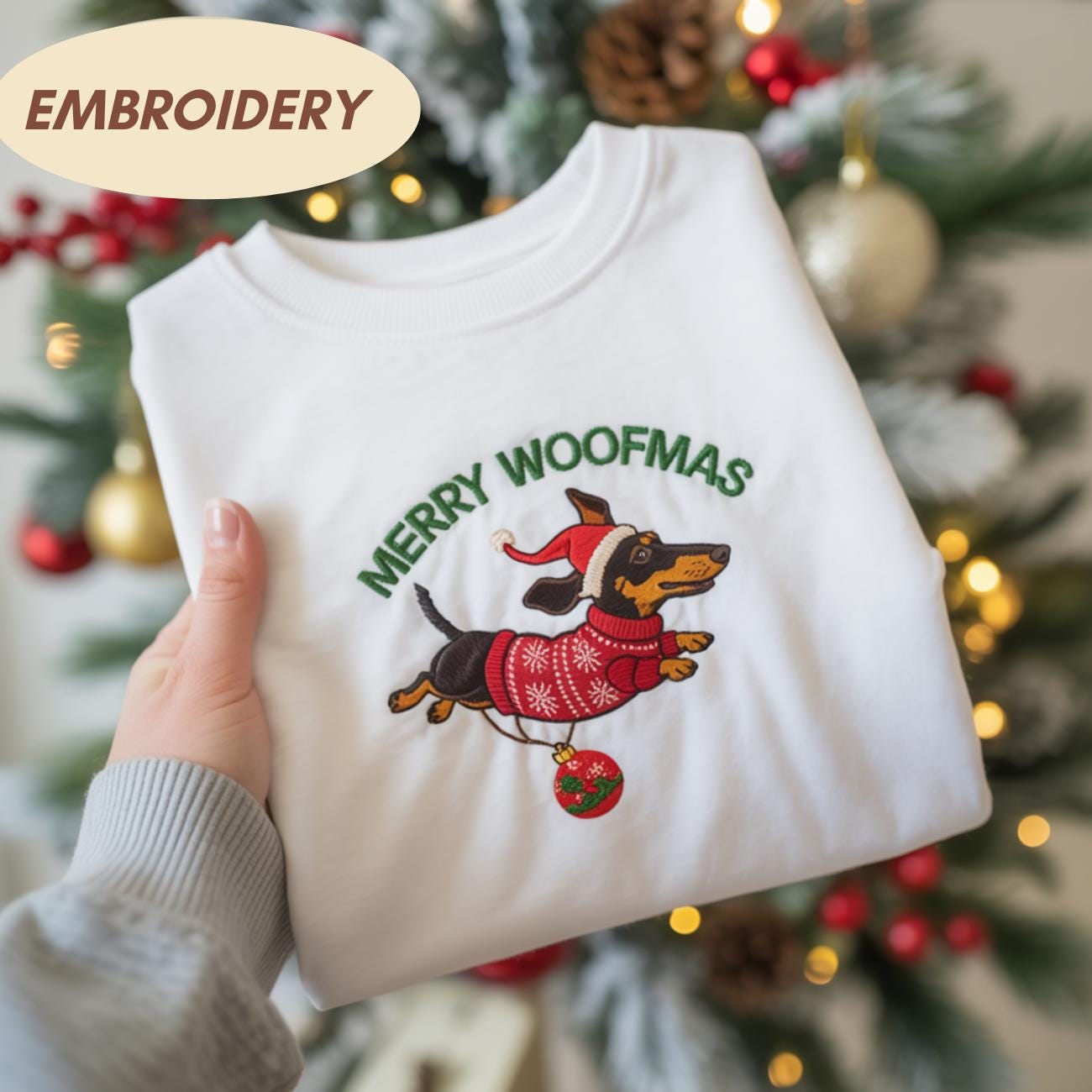 Embroidered Dachshund Christmas Sweatshirt, Funny Wiener Dog Hoodie, Dachshund Xmas Sweater, Holiday Dog Owner Gift, Christmas Sweatshirt