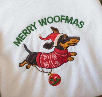 Embroidered Dachshund Christmas Sweatshirt, Funny Wiener Dog Hoodie, Dachshund Xmas Sweater, Holiday Dog Owner Gift, Christmas Sweatshirt