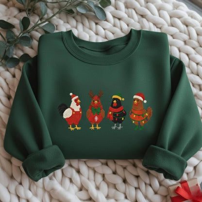 Christmas Chickens Embroidered Sweatshirt, Funny Chicken Christmas Shirt, Holiday Farm Sweatshirt, Farm Lover Xmas Gift